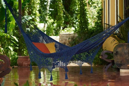 Mayan Legacy Queen Size Deluxe Outdoor Cotton Mexican Hammock in Blue Colour