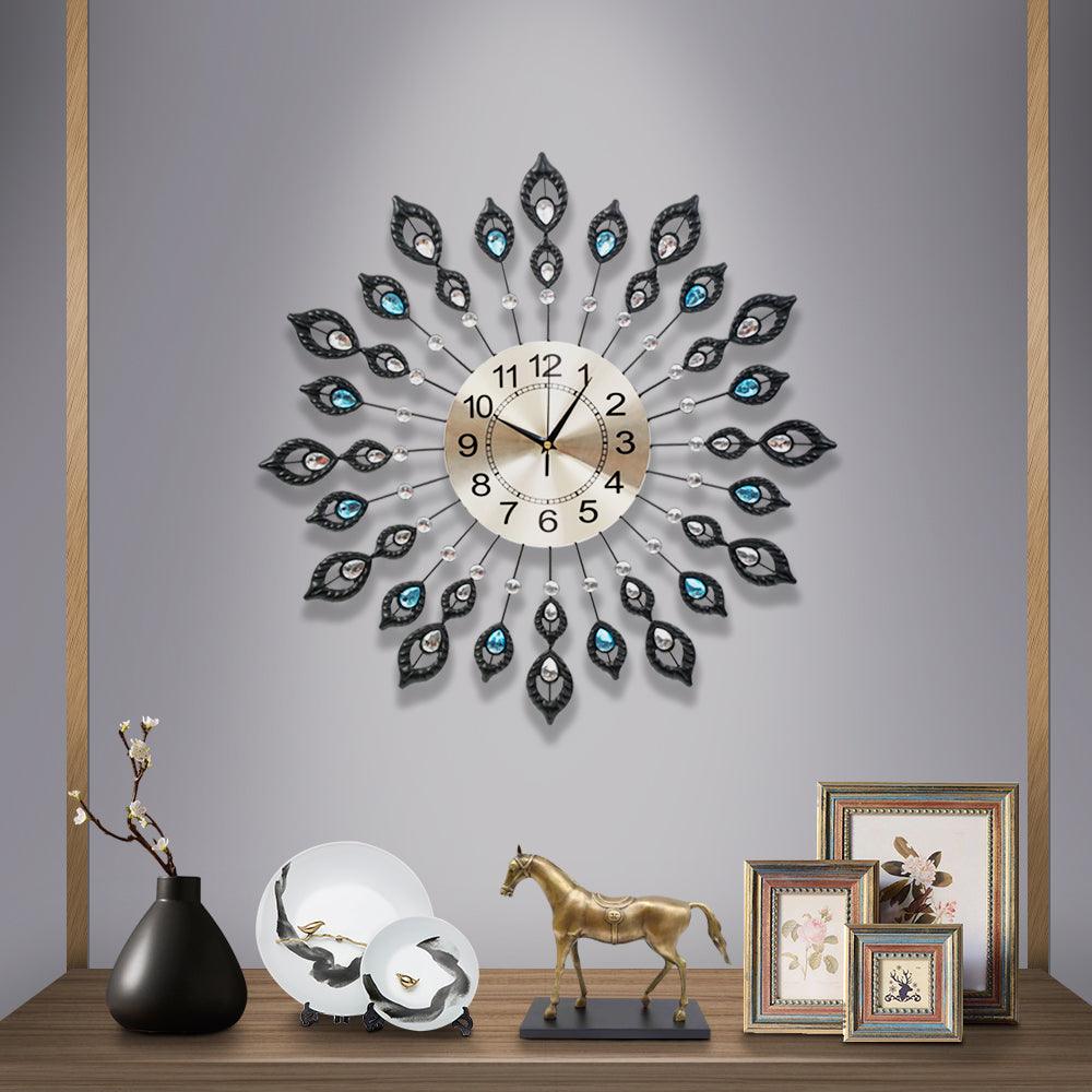 Artiss 60CM Peacock Wall Clock Large 3D Modern Crystal Luxury Round Wall Clocks Home Decor Black