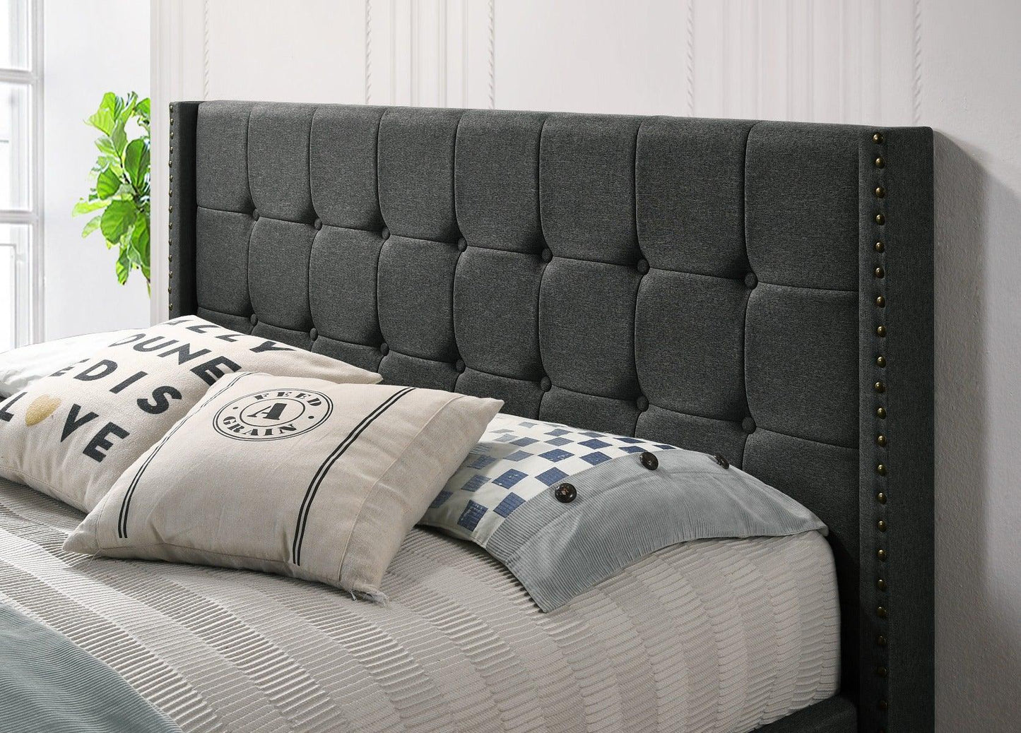 Queen Sized Winged Fabric Bed Frame with Gas Lift Storage in Charcoal