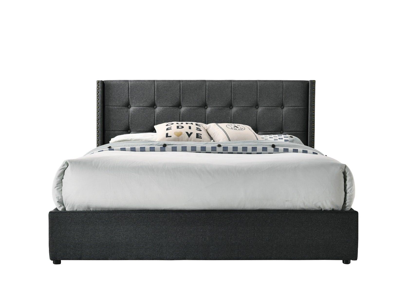 King Sized Winged Fabric Bed Frame with Gas Lift Storage in Charcoal