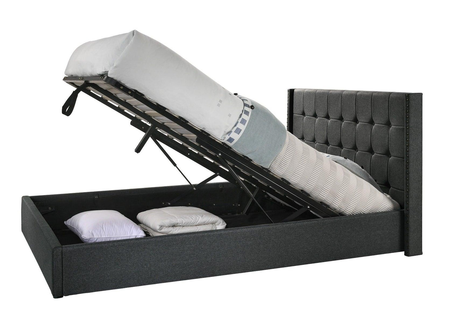 Queen Sized Winged Fabric Bed Frame with Gas Lift Storage in Charcoal