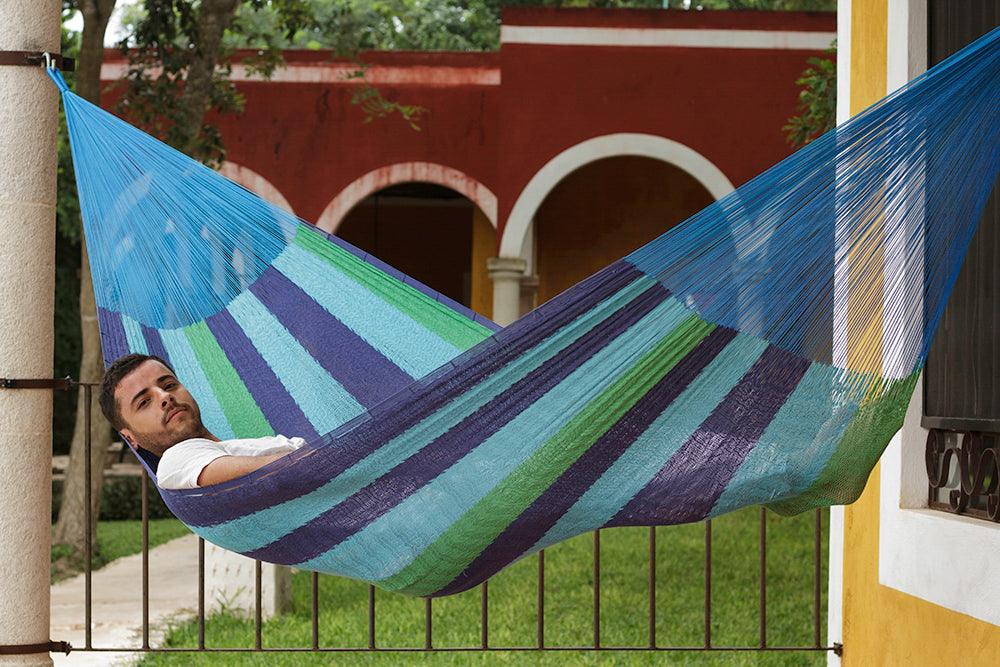 King Size Mayan Legacy Cotton Mexican Hammock in Oceanica Colour