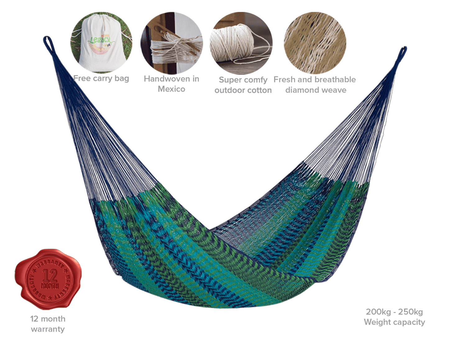 Jumbo Size Outoor Cotton Mayan Legacy Mexican Hammock in Caribe
