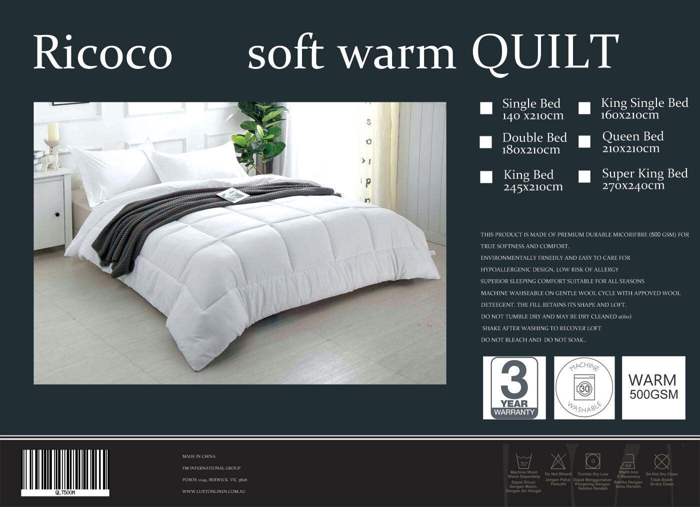 Luxton Super King Size 500GSM Soft Warm Quilt